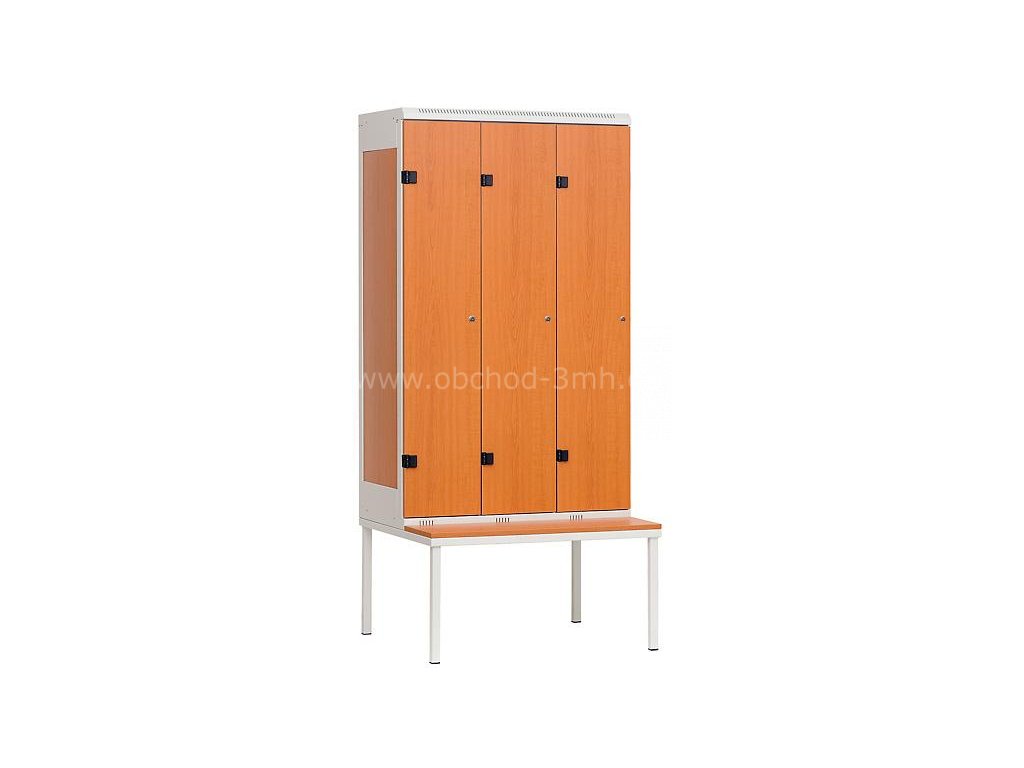 Šatní skříň 3-dveřová s lavičkou, 1970 x 900 x 780 mm - lamino/kov