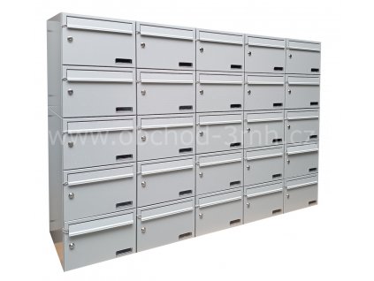 Poštovní schránka MB 01-300x220x370 v sestavě na stěnu (Barevné provedení sestavy Nerez dvířka / RAL 7035 tělo schránky)