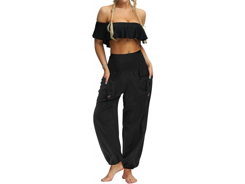Nuofengkudu Unisex hippie harémové kalhoty, L, černé - Obchodnawebu