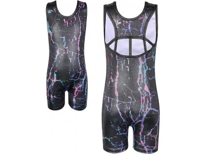 Dívčí gymnastický trikot dres bez rukávů s nohavičkami, třpytivě černý (6)