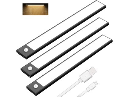 Klighten 3ks LED osvětlení skříně s detektorem pohybu, 30 cm, 53 LED, USB dobíjecí, teplá bílá, černá (1)