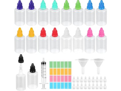 18ks lahvička 50ml s kapátkem, barevnými víčky, příslušenství (1)