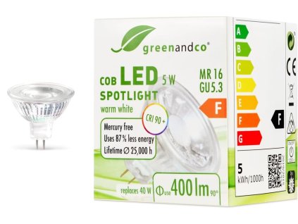 greenandco® MR16 GU5.3 LED bodová žárovka, 3000K, 38°, 400lm, CRI90 (1)