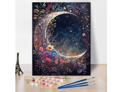 Malování podle čísel, olejomalba, 40 x 50 cm (bez rámu), měsíc a květiny (1)