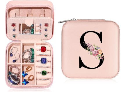 Personalizovaná dívčí mini šperkovnice s iniciálami S a květinami, cestovní, růžová (1)