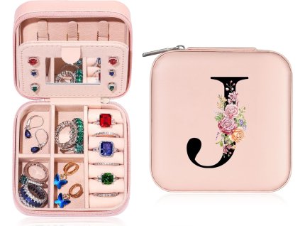 Personalizovaná dívčí mini šperkovnice s iniciálami J a květinami, cestovní, růžová