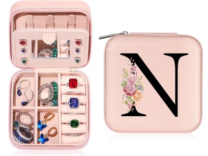 Personalizovaná dívčí mini šperkovnice s iniciálami N a květinami, cestovní, růžová