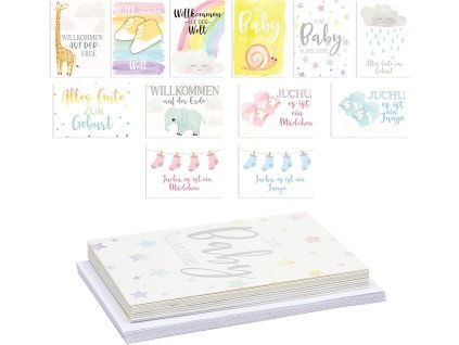 12 blahopřání k narození s obálkami, chlapci a dívky, baby party, 12 motivů, DIN A6 (1)