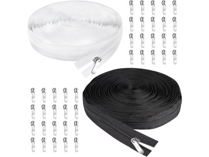 MOERDIFFER Nekonečný zip 20 m 2,7 cm, 40ks jezdců, 10m bílý zip, 10m černý zip, metráž zip (1)