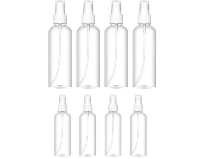Sada cestovních lahví, 4×100ml + 4×50ml s rozprašovačem, opakovaně použitelné (1)