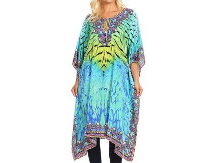 Sakkas dlouhé kaftanové šaty s výstřihem do V, EU 34 56, zelenomodré (t8) (3)