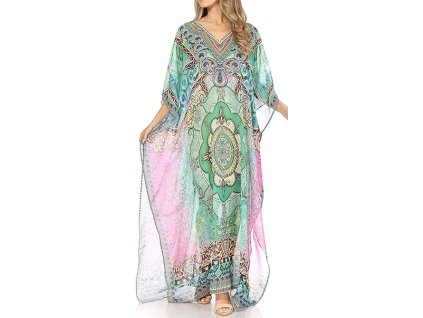 Sakkas dlouhé kaftanové šaty s výstřihem do V, EU 34 56, zelenorůžové (t3) (3)