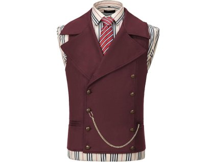 Pánská semišová vesta dvouřadá, klasická kovbojová vesta, umělá kůže, burgundská, XXL (1)