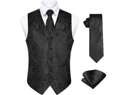 Enlision Pánská žakárová vesta, kravata a kapesníček, 3XL, černá (1)