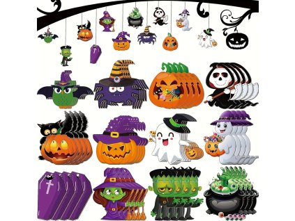Barlone 36dílná dřevěná halloweenská sada dekorací s 12 motivy (1)