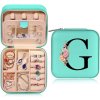 Personalizovaná dívčí mini šperkovnice s iniciálami G a květinami, cestovní, tyrkysová