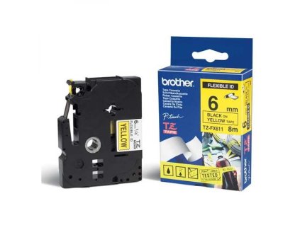 Brother TZE-FX611, 6mm, černý tisk/žlutý podklad - originální páska laminovaná flexibilní