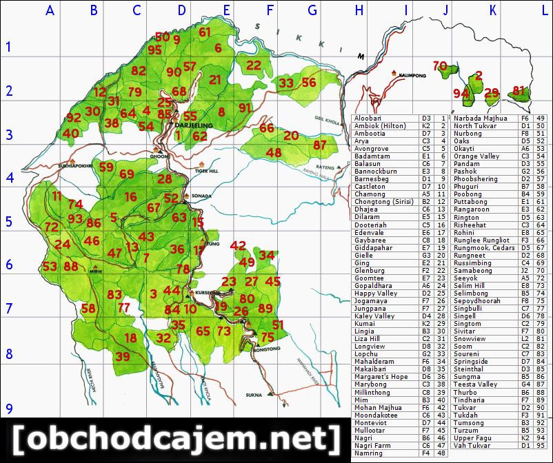 Mapa zahrad v Darjeelingu