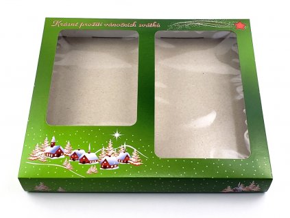 Krabica na vianočné pečivo a zákusky (na 1 kg) zelená s domčekmi 1
