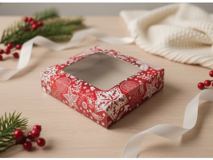 Krabička na vianočné pečivo červená s bielym vzorom (250g)