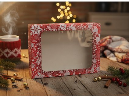 Krabička na vianočné pečivo červená s bielym vzorom (500 g)