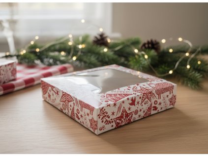 Krabička na vianočné pečivo biela s červeným vzorom (250g)