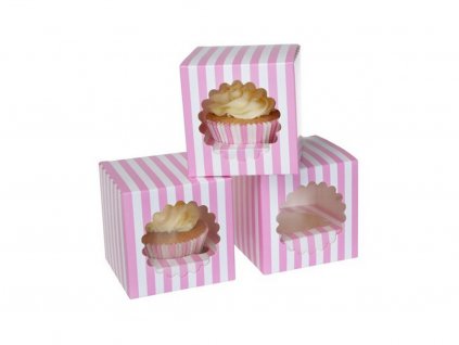 Krabička na cupcake papierová biela s ružovými pásikmi 3 ks