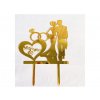 Akrylový svadobný zápich do torty Mr & Mrs so srdcom a obrúčkami zlatý