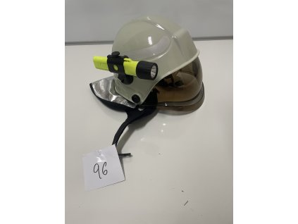 Zásahová prilba PAB 04 so zlatým štítom , okuliarmi, zátylníkom a držiakom na svietidlo a svietidlom Acculux HL10EX, 96