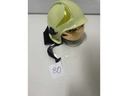 Zásahová prilba Kalisz Vulcan so zlatým štítom , okuliarmi, zátylníkom, 80