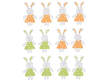 Dřevění zajíčci v sukýnce s lepíkem 4 cm, 12 ks v sáčku