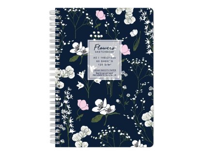 Kroužkový blok Flowers černý- černomodrý (120g/m2, 60 listů)