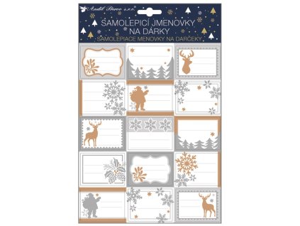 Samolepicí jmenovky na dárky s glitry 30x20 cm, 15 ks zlatá stříbrná