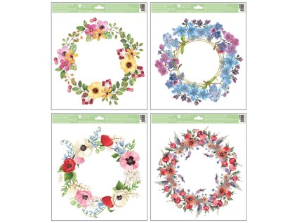 Okenní fólie věnce z květin s glitry 30 x 33,5 cm