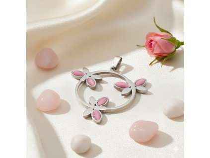 Ocelový přívěsek Motýlci s růžovými kamínky – chirurgická ocel