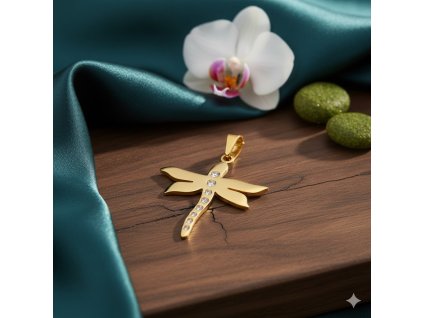 Přívěsek Vážka ve zlatém provedení s čirými krystaly (ocel) 21141