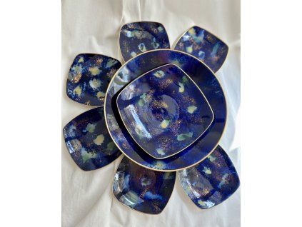 SBĚRATELSKÝ PORCELÁN DEZERTNÍ SOUPRAVA WALLENDORF KOBALT SE ZLATEM