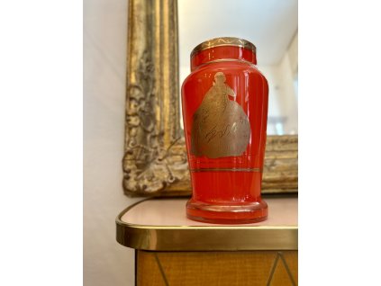 STAROŽITNÁ ČERVENÁ VÁZA ZLATÝ LEPT TANGO SKLO