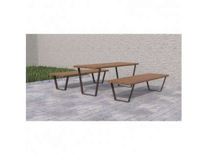 Piknikový set INO I – venkovní stůl a dvě lavičky, ocelová konstrukce jekl 60×10 mm a dřevěné latě 1500–1950 mm