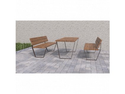 Piknikový set INO II – venkovní stůl se dvěma lavičkami, ocelová konstrukce jekl 60×10 mm a dřevěné latě 1500–1950 mm