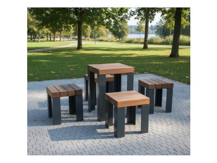 zahradní set TABURET – robustní kovová konstrukce s dřevěnými taburety a stolem