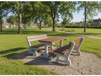 betonový set GOLEM – robustní betonová konstrukce s dřevěnými lavicemi a stolem