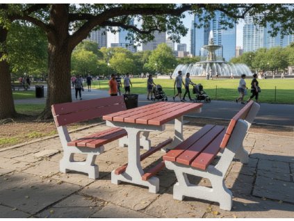 Betonový set Nestor s plastem – robustní venkovní stůl a dvě lavičky, betonové nohy a plastový recyklát