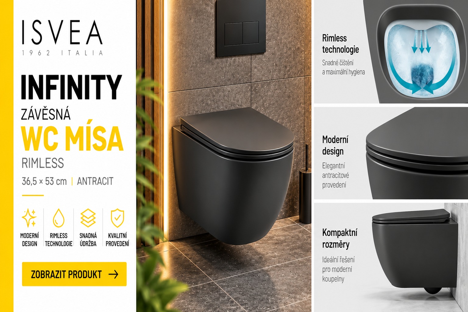 Isvea INFINITY závěsná WC mísa, Rimless, 36,5x53cm, antracit