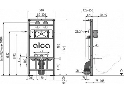 ALCA PLAST Montážní rám s nádržkou pro výlevku s odpadem DN90/110 a baterii A108F/1100