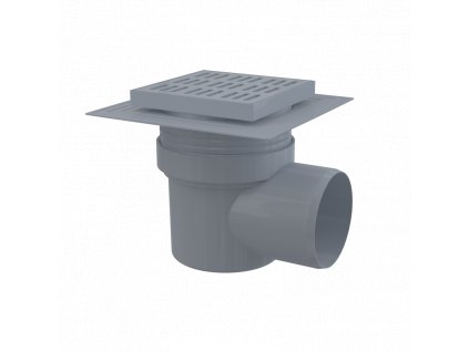ALCA PLAST Podlahová vpust 150×150/110 mm boční, mřížka šedá, límec 2. úrovně izolace, vodní zápachová uzávěra APV10