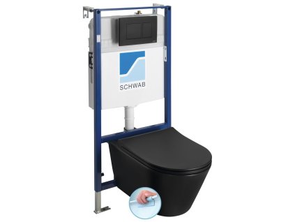 AVVA závěsné WC Rimless s podomítkovou nádržkou a tlačítkem Schwab, černá mat 100314-110-SET5