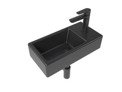 Swiss Aqua Technologies Koupelnový set pravého závěsného umývátka Brevis 40,5 cm, pákové baterie, sifonu, průtočné zátky a roháčků v černé barvě KSETBRE2PBKM