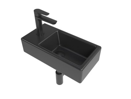 Swiss Aqua Technologies Koupelnový set levého závěsného umývátka Brevis 40,5 cm, pákové baterie, sifonu, průtočné zátky a roháčků v černé barvě KSETBRE2LBKM