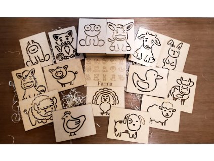 Dřevěná Montessori obkreslovací sada s geometrickými tvary pro děti Farma 15